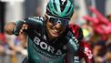 Team Bora rider Italy's Cesare Benedetti reacts as he crosses the finish line to win stage twelve of the 102nd Giro d'Italia - Tour of Italy - cycle race, 158kms from Cuneo to Pinerolo on May 23, 2019. 
Luk BENIES / AFP