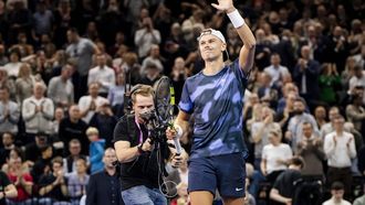 epa11755653 Holger Rune of Denmark celebrates winning against Casper Ruud of Norway (not in image) in their Nordic Battle 2024 exhibition tennis match at Royal Arena in Copenhagen, Denmark, 03 December 2024.  EPA/Mads Claus Rasmussen  DENMARK OUT