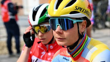 Team SD Worx - Protime's Belgian rider Lotte Kopecky waits for the start of the 6th edition of the Women Paris-Roubaix one-day classic cycling race, 143.1 km between Denain and Roubaix, northern France, on April 12, 2026.  
NICOLAS TUCAT / AFP