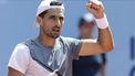 2023-07-22 11:01:16 epa10762083 Pedro Cachin of Argentina celebrates his victory against Hamad Medjedovic of Serbia during their semi final game at the Swiss Open tennis tournament in Gstaad, Switzerland, 22 July 2023.  EPA/PETER SCHNEIDER