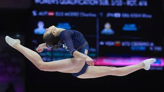 epa12467129 Naomi Visser of Netherlands competes in Women’s Floor Exercise of the All-Around Qualifications at the FIG Artistic Gymnastics World Championships 2025 in Jakarta, Indonesia, 20 October 2025.  EPA/ADI WEDA
