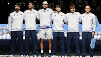 epa11598492 Italian team lines up during the Davis Cup Group Stage Finals in Casalecchio, Bologna, Italy, 11 September 2024.  EPA/ELISABETTA BARACCHI