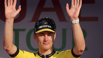 Team Visma-Lease a Bike's Dutch cyclist Olav Kooij celebrates after winning the fifth stage of the 6th UAE Cycling Tour in Dubai on February 23, 2024. 
Giuseppe CACACE / AFP