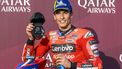 epa12027056 Pole setter Spanish MotoGP rider Marc Marquez of Ducati Lenovo Team reacts after the MotoGP Qualifying for the Motorcycling Grand Prix of Qatar, in Lusail, Qatar, 12 April 2025. The 2025 Motorcycling Grand Prix of Qatar is held at the Lusail International Circuit on 13 April 2025.  EPA/NOUSHAD THEKKAYIL