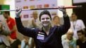 epa07889516 Dutch Therese Klompenhouwer celebrates her victory in the final of the World Championship Ladies three-cushion held in Valencia, eastern Spain, 02 October 2019.  EPA/Ana Escobar