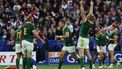 2023-10-15 23:06:54 South Africa's flanker Pieter-Steph du Toit (R) lifts his hands in the air as South Africa's players celebrate victory in the France 2023 Rugby World Cup quarter-final match against France at the Stade de France in Saint-Denis, on the outskirts of Paris, on October 15, 2023. 
Emmanuel Dunand / AFP