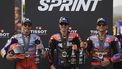 Winner Aprilia Spanish rider Maverick Vinales (C), second-placed Ducati Spanish rider Marc Marquez and third-placed Ducati Spanish rider Jorge Martin pose for pictures after the MotoGP sprint race of the Portuguese Grand Prix at the Algarve International Circuit in Portimao on March 23, 2024. 
PATRICIA DE MELO MOREIRA / AFP