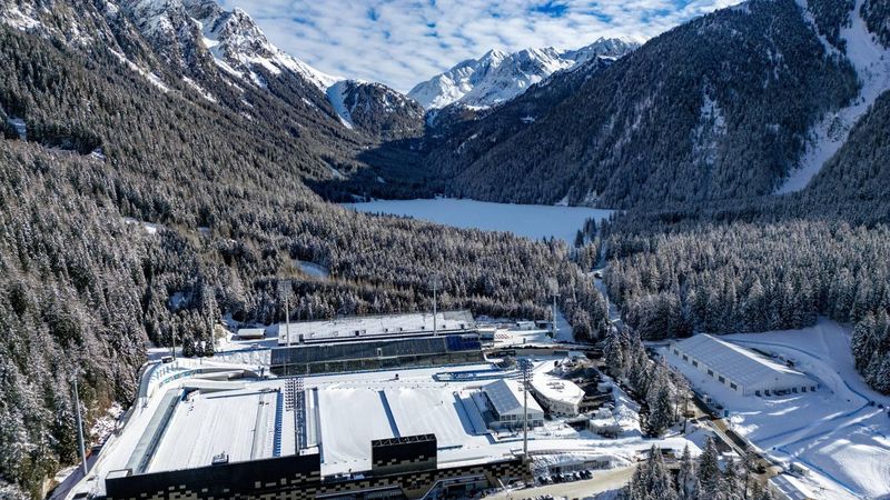 This aerial view shows the Biathlon venue in Antholz, northern Italy, prior to the Milano Cortina 2026 Olympic Games, on January 31, 2026. 
Odd ANDERSEN / AFP
