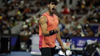 epa11637516 Carlos Alcaraz of Spain reacts during his Men's Singles Final match against Jannik Sinner of Italy at the China Open tennis tournament in Beijing, China, 02 October 2024.  EPA/ANDRES MARTINEZ CASARES