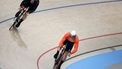 epa11537337 Hamish Turnbull of Great Britain and Jeffrey Hoogland of the Netherlands compete in the Men's Sprint quarterfinal of the Track Cycling  competitions in the Paris 2024 Olympic Games, at Saint-Quentin-en-Yvelines Velodrome in Saint-Quentin-en-Yvelines, France, 08 August 2024.  EPA/MARTIN DIVISEK