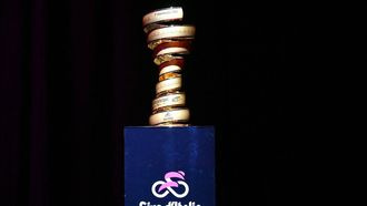 The trophy 'Senza Fine' (Infinity) is shown on stage before the presentation of the official route of the Giro d’Italia and Giro d’Italia Women 2025 (Tour of Italy) cycling races, in Rome on January 13, 2025. 
Andreas SOLARO / AFP