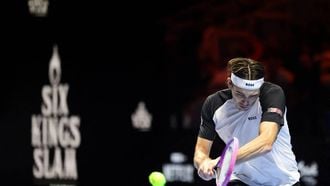 US' Taylor Fritz hits a return against Serbia's Novak Djokovic during the third-placed match at the Six Kings Slam exhibition tennis tournament in Riyadh on October 18, 2025. 
Fayez NURELDINE / AFP