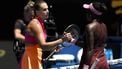 epa12678752 Aryna Sabalenka (L) of Belarus is congratulated by Victoria Mboko (R) of Canada after winning their women’s fourth round match on day 8 of the 2026 Australian Open tennis tournament at Melbourne Park in Melbourne, Australia, 25 January 2026.  EPA/ROB PREZIOSO AUSTRALIA AND NEW ZEALAND OUT
