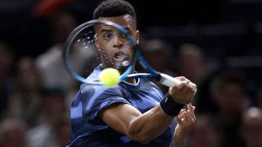 epa11690436 Giovanni Mpetshi Perricard of France in action during his first round match against Frances Tiafoe of US at the Rolex Paris Masters tennis tournament in Paris, France, 29 October 2024.  EPA/YOAN VALAT