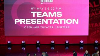 epa12936253 The stage is ready for the Teams Presentation of the 109th edition of the Giro d'Italia cycling race in Burgas, Bulgaria, 06 May 2026.  EPA/BORISLAV TROSHEV