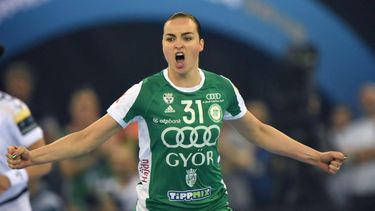 Yvette Broch of Hungarian Gyor Audi ETO celebrates after scoring during the final match of the EHF Women's Champions League Final Four competition against Macedonian HK Vardar at the Papp Laszlo Arena in Budapest on May 13, 2018.  
ATTILA KISBENEDEK / AFP